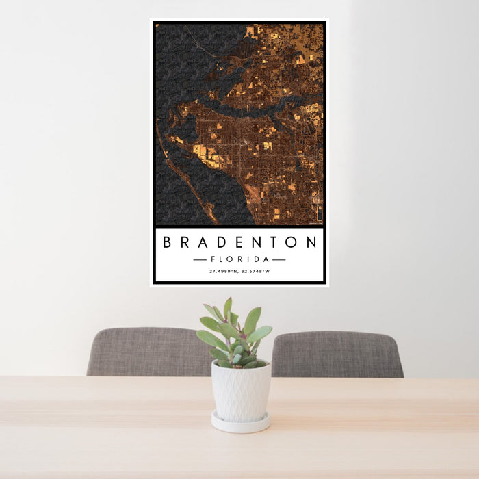 24x36 Bradenton Florida Map Print Portrait Orientation in Ember Style Behind 2 Chairs Table and Potted Plant