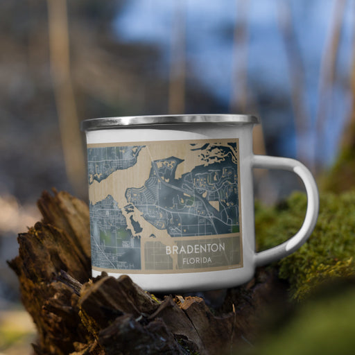 Right View Custom Bradenton Florida Map Enamel Mug in Afternoon on Grass With Trees in Background