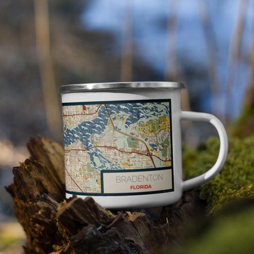 Right View Custom Bradenton Florida Map Enamel Mug in Woodblock on Grass With Trees in Background