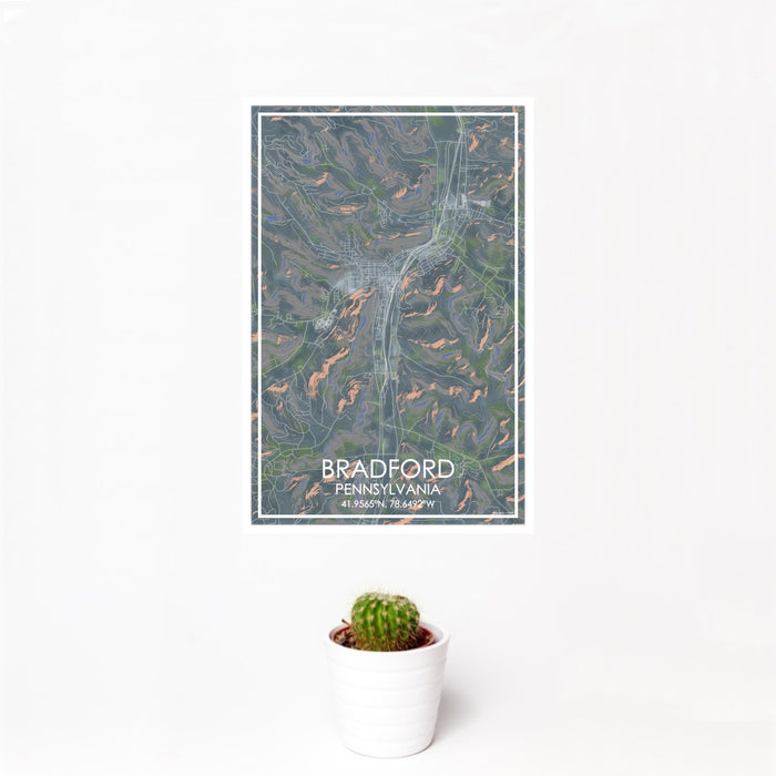 12x18 Bradford Pennsylvania Map Print Portrait Orientation in Afternoon Style With Small Cactus Plant in White Planter