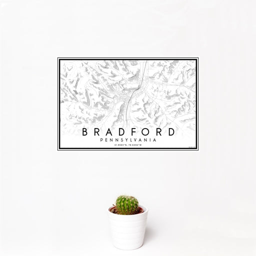 12x18 Bradford Pennsylvania Map Print Landscape Orientation in Classic Style With Small Cactus Plant in White Planter