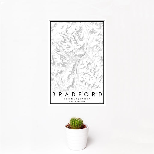 12x18 Bradford Pennsylvania Map Print Portrait Orientation in Classic Style With Small Cactus Plant in White Planter