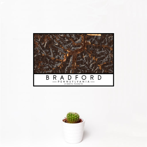 12x18 Bradford Pennsylvania Map Print Landscape Orientation in Ember Style With Small Cactus Plant in White Planter