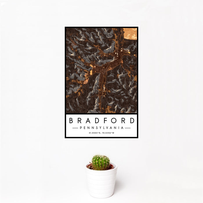 12x18 Bradford Pennsylvania Map Print Portrait Orientation in Ember Style With Small Cactus Plant in White Planter