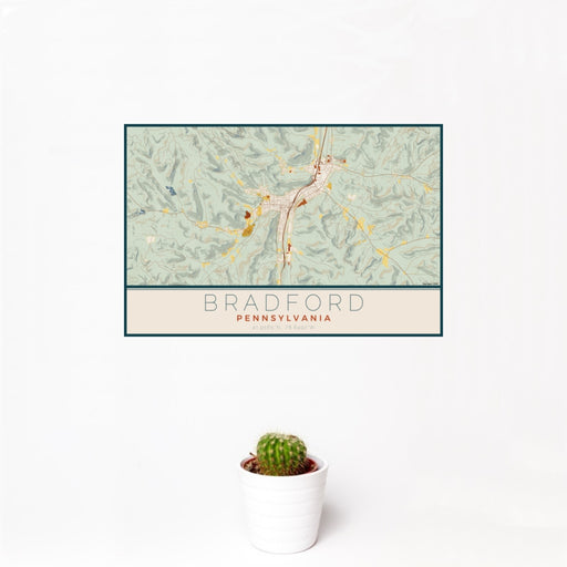 12x18 Bradford Pennsylvania Map Print Landscape Orientation in Woodblock Style With Small Cactus Plant in White Planter