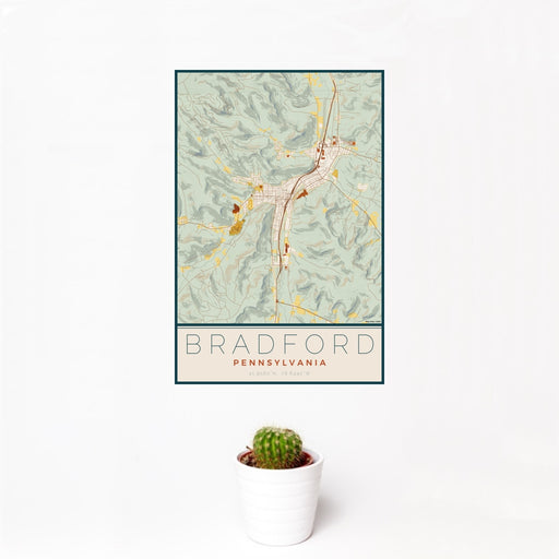 12x18 Bradford Pennsylvania Map Print Portrait Orientation in Woodblock Style With Small Cactus Plant in White Planter