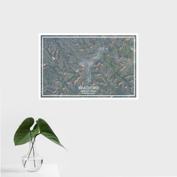 16x24 Bradford Pennsylvania Map Print Landscape Orientation in Afternoon Style With Tropical Plant Leaves in Water