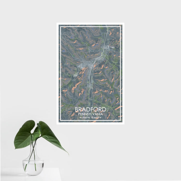 16x24 Bradford Pennsylvania Map Print Portrait Orientation in Afternoon Style With Tropical Plant Leaves in Water
