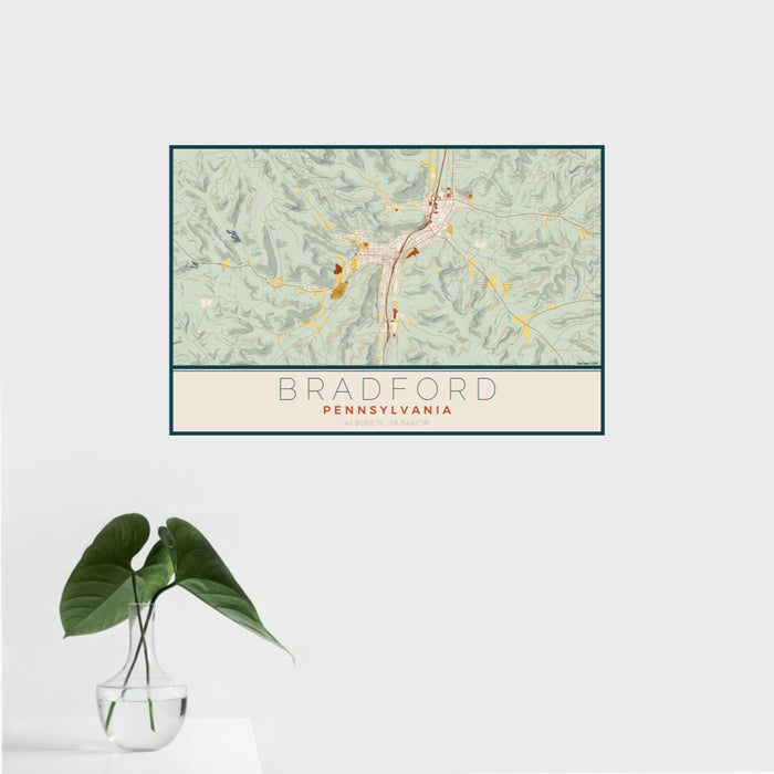 16x24 Bradford Pennsylvania Map Print Landscape Orientation in Woodblock Style With Tropical Plant Leaves in Water