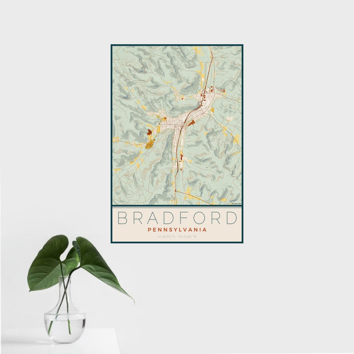 16x24 Bradford Pennsylvania Map Print Portrait Orientation in Woodblock Style With Tropical Plant Leaves in Water