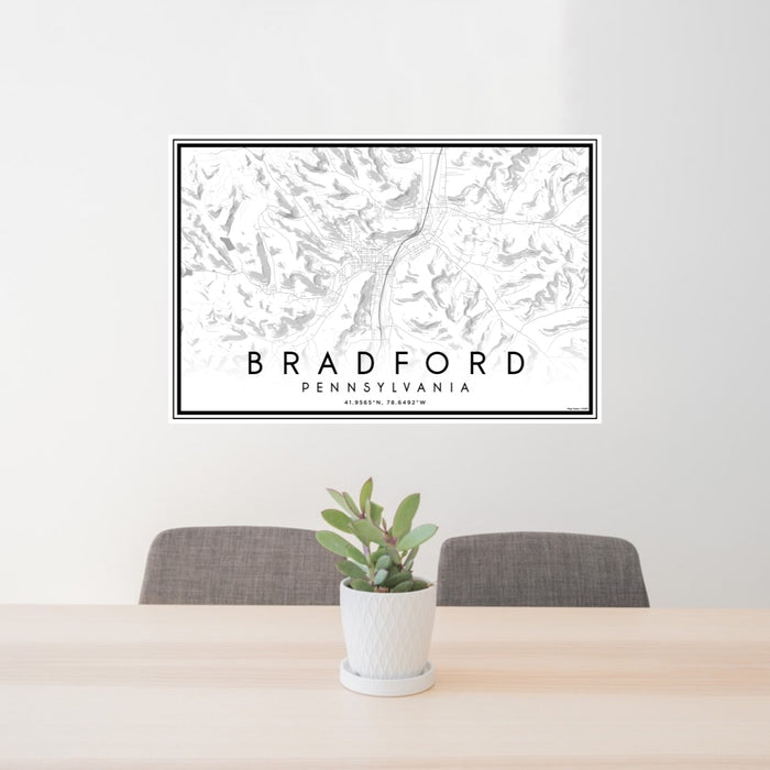 24x36 Bradford Pennsylvania Map Print Lanscape Orientation in Classic Style Behind 2 Chairs Table and Potted Plant