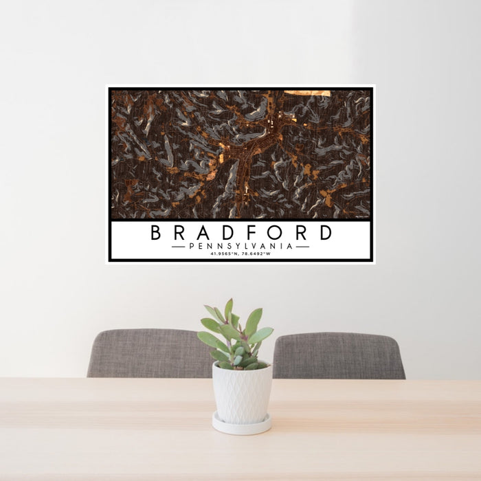 24x36 Bradford Pennsylvania Map Print Lanscape Orientation in Ember Style Behind 2 Chairs Table and Potted Plant
