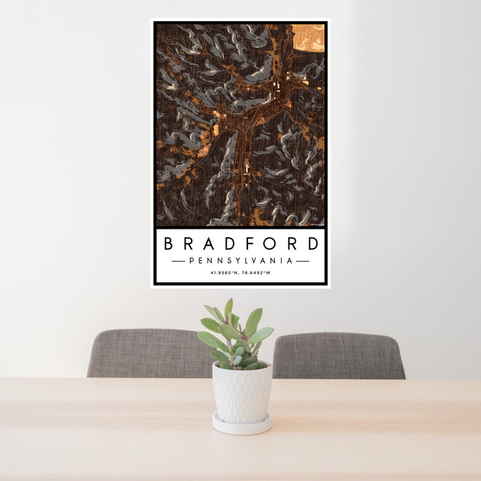 24x36 Bradford Pennsylvania Map Print Portrait Orientation in Ember Style Behind 2 Chairs Table and Potted Plant