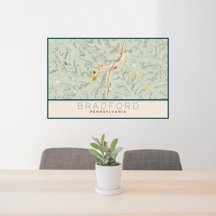 24x36 Bradford Pennsylvania Map Print Lanscape Orientation in Woodblock Style Behind 2 Chairs Table and Potted Plant