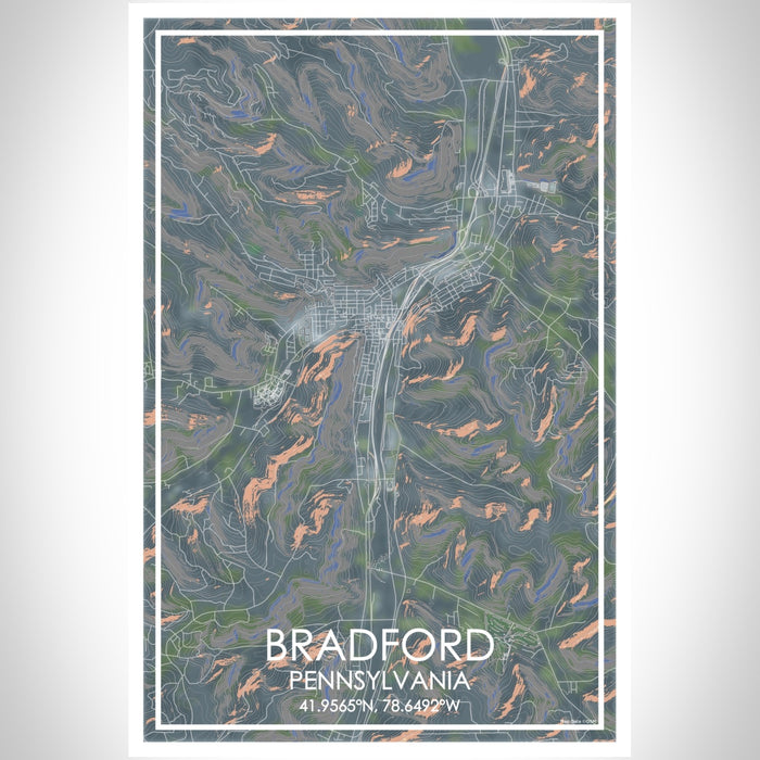 Bradford Pennsylvania Map Print Portrait Orientation in Afternoon Style With Shaded Background