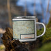 Right View Custom Bradford Pennsylvania Map Enamel Mug in Woodblock on Grass With Trees in Background
