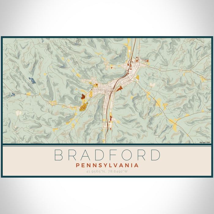 Bradford Pennsylvania Map Print Landscape Orientation in Woodblock Style With Shaded Background