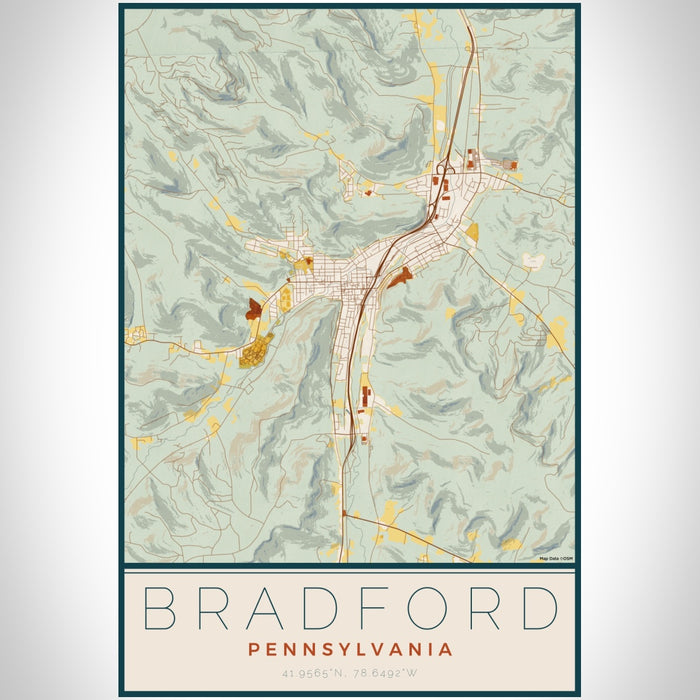 Bradford Pennsylvania Map Print Portrait Orientation in Woodblock Style With Shaded Background