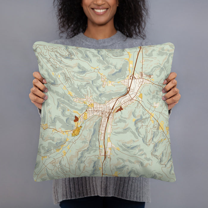 Person holding 18x18 Custom Bradford Pennsylvania Map Throw Pillow in Woodblock