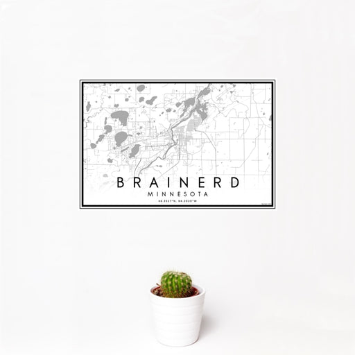 12x18 Brainerd Minnesota Map Print Landscape Orientation in Classic Style With Small Cactus Plant in White Planter