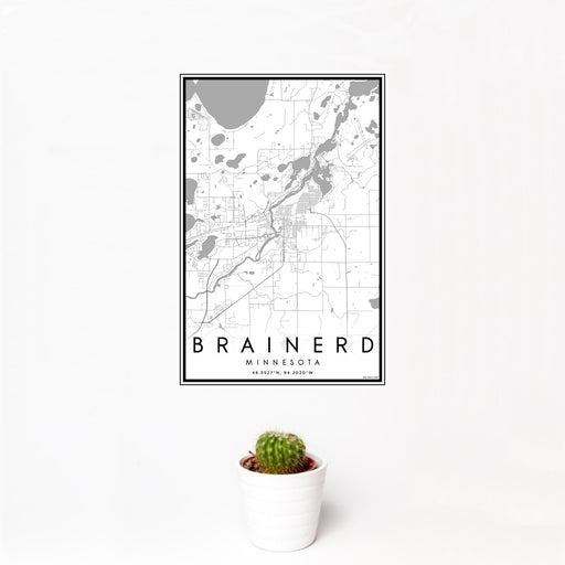 12x18 Brainerd Minnesota Map Print Portrait Orientation in Classic Style With Small Cactus Plant in White Planter