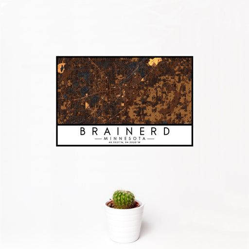 12x18 Brainerd Minnesota Map Print Landscape Orientation in Ember Style With Small Cactus Plant in White Planter