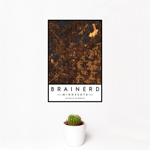 12x18 Brainerd Minnesota Map Print Portrait Orientation in Ember Style With Small Cactus Plant in White Planter