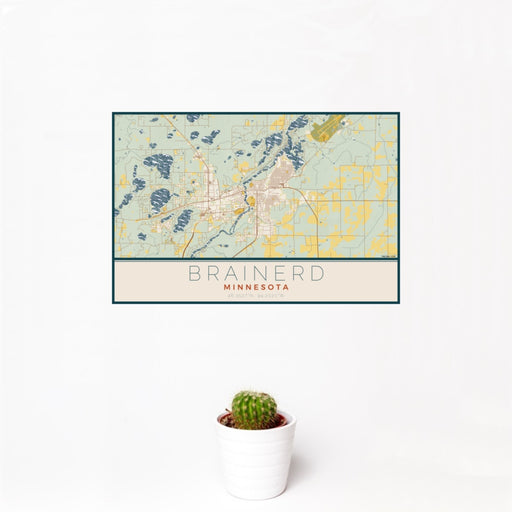 12x18 Brainerd Minnesota Map Print Landscape Orientation in Woodblock Style With Small Cactus Plant in White Planter