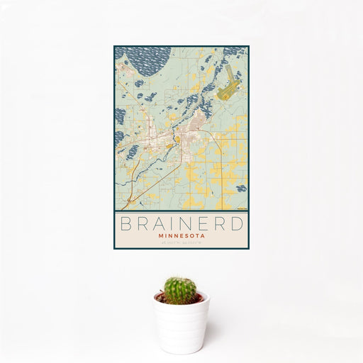 12x18 Brainerd Minnesota Map Print Portrait Orientation in Woodblock Style With Small Cactus Plant in White Planter