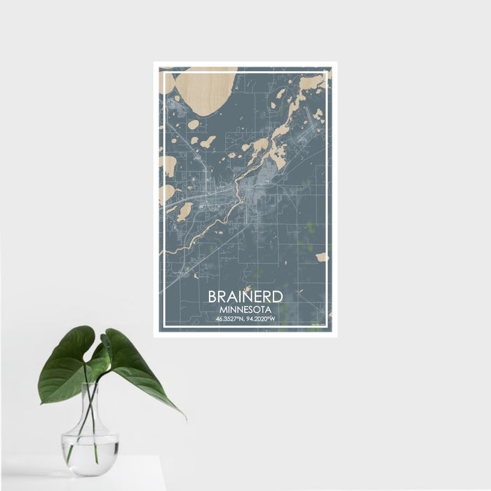 16x24 Brainerd Minnesota Map Print Portrait Orientation in Afternoon Style With Tropical Plant Leaves in Water