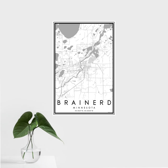 16x24 Brainerd Minnesota Map Print Portrait Orientation in Classic Style With Tropical Plant Leaves in Water