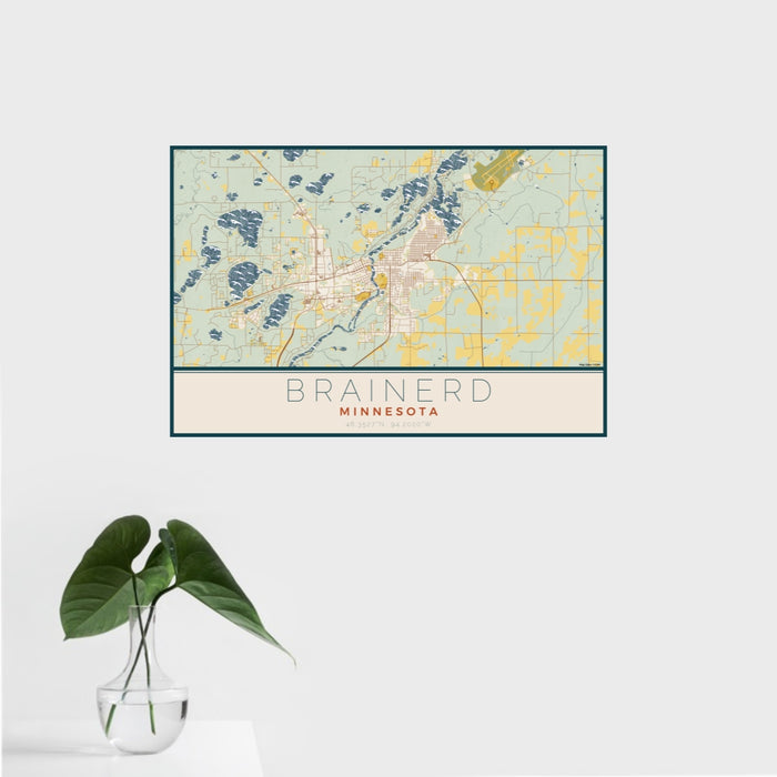 16x24 Brainerd Minnesota Map Print Landscape Orientation in Woodblock Style With Tropical Plant Leaves in Water