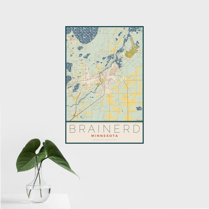 16x24 Brainerd Minnesota Map Print Portrait Orientation in Woodblock Style With Tropical Plant Leaves in Water