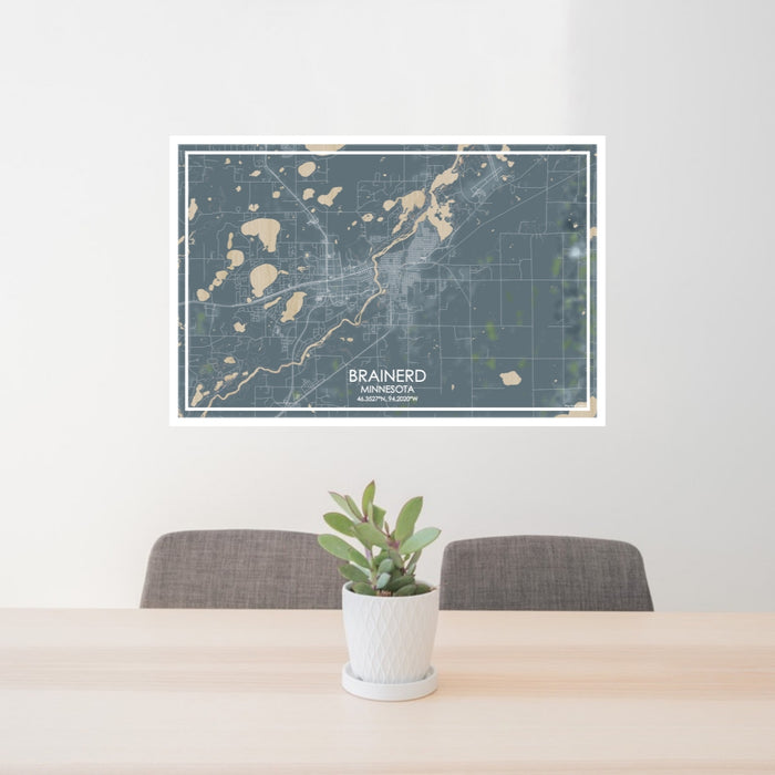 24x36 Brainerd Minnesota Map Print Lanscape Orientation in Afternoon Style Behind 2 Chairs Table and Potted Plant