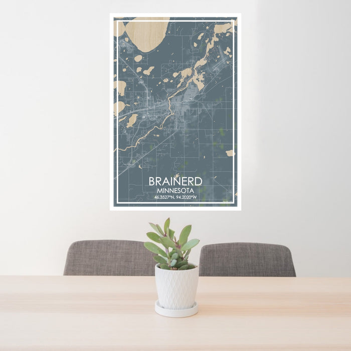 24x36 Brainerd Minnesota Map Print Portrait Orientation in Afternoon Style Behind 2 Chairs Table and Potted Plant