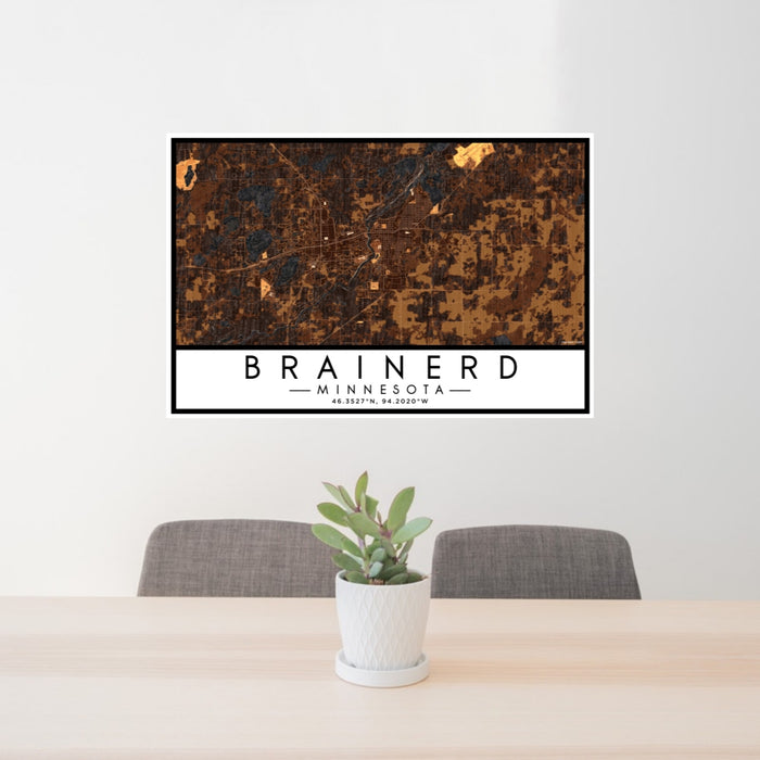 24x36 Brainerd Minnesota Map Print Lanscape Orientation in Ember Style Behind 2 Chairs Table and Potted Plant
