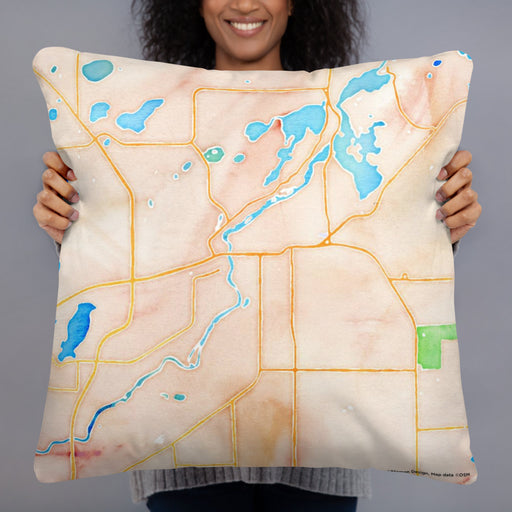 Person holding 22x22 Custom Brainerd Minnesota Map Throw Pillow in Watercolor