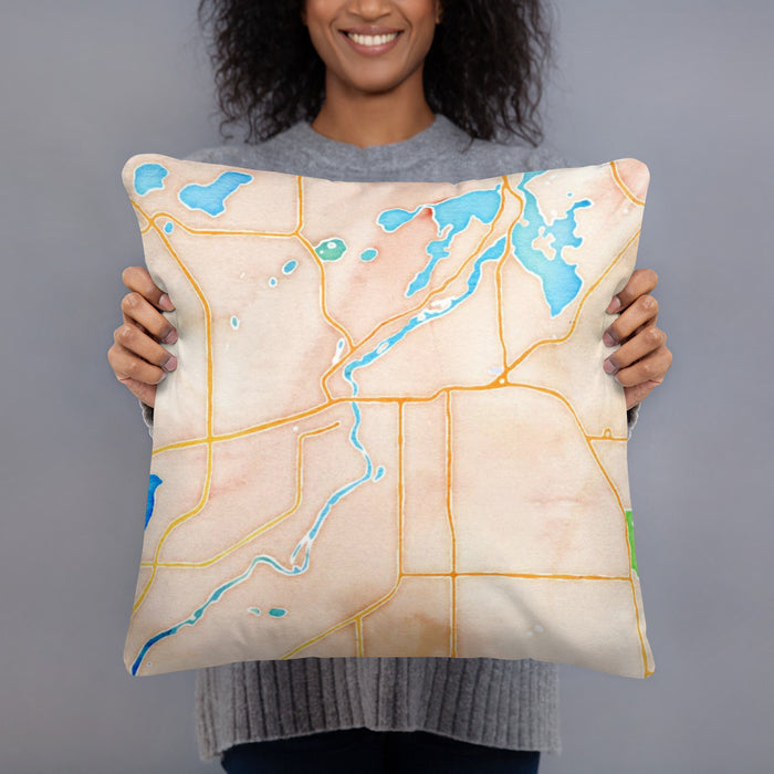 Person holding 18x18 Custom Brainerd Minnesota Map Throw Pillow in Watercolor