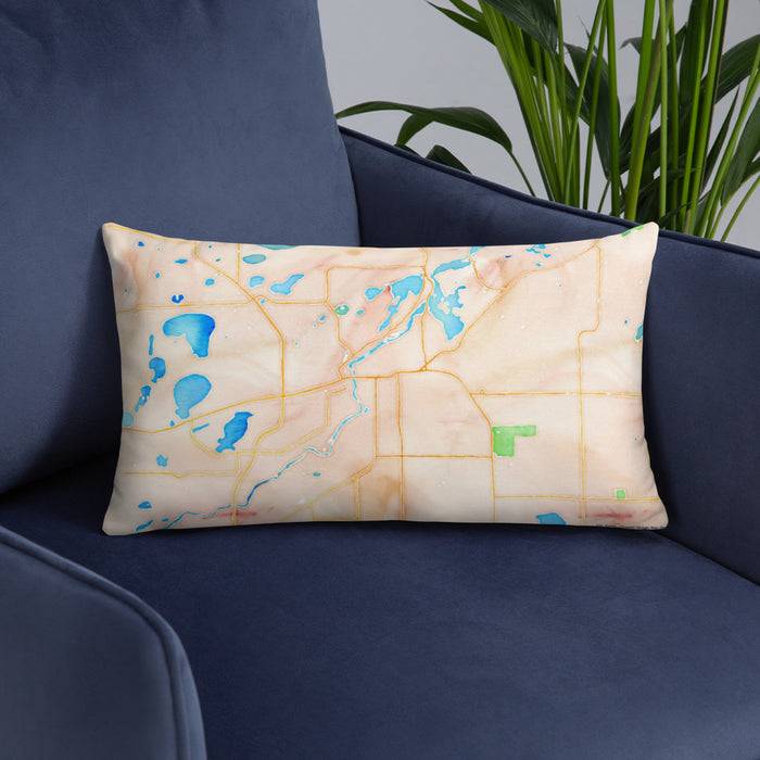 Custom Brainerd Minnesota Map Throw Pillow in Watercolor on Blue Colored Chair