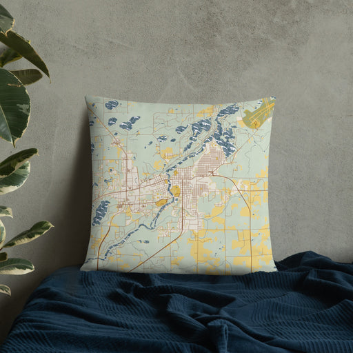 Custom Brainerd Minnesota Map Throw Pillow in Woodblock on Bedding Against Wall