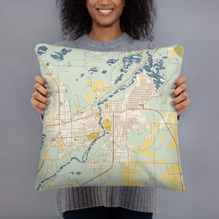 Person holding 18x18 Custom Brainerd Minnesota Map Throw Pillow in Woodblock