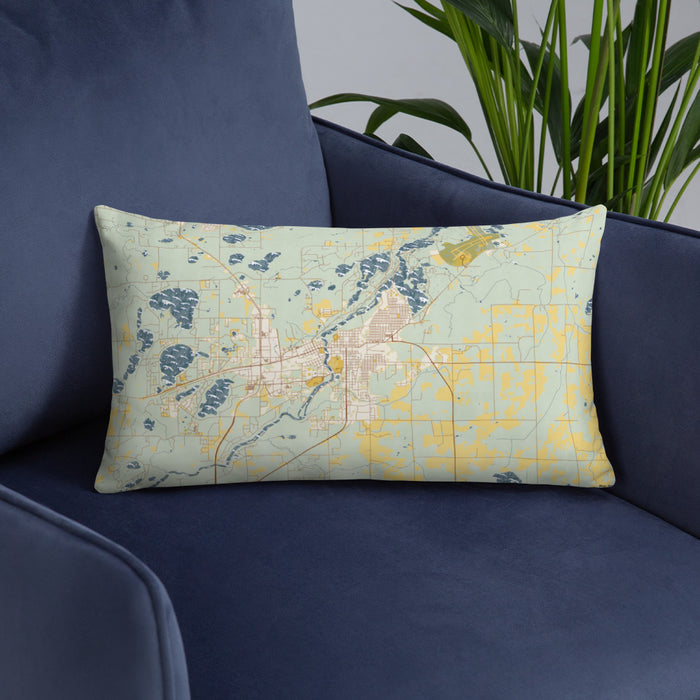 Custom Brainerd Minnesota Map Throw Pillow in Woodblock on Blue Colored Chair