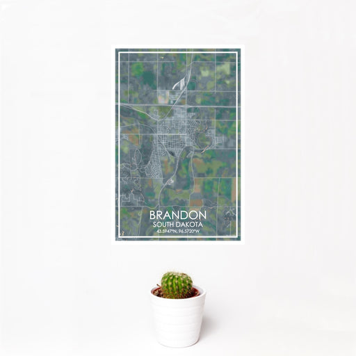 12x18 Brandon South Dakota Map Print Portrait Orientation in Afternoon Style With Small Cactus Plant in White Planter