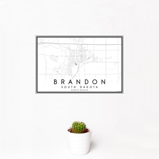 12x18 Brandon South Dakota Map Print Landscape Orientation in Classic Style With Small Cactus Plant in White Planter