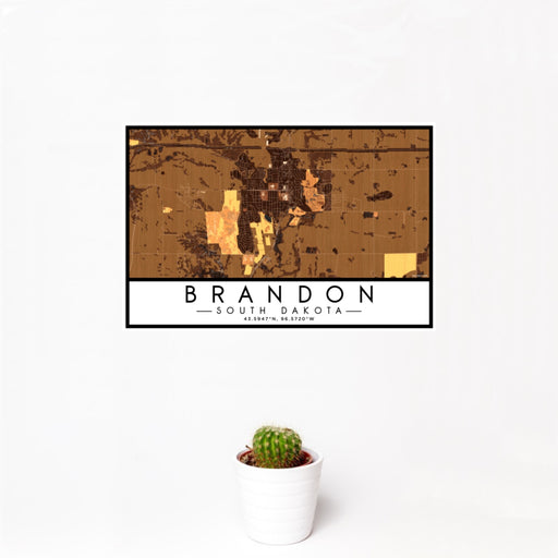 12x18 Brandon South Dakota Map Print Landscape Orientation in Ember Style With Small Cactus Plant in White Planter