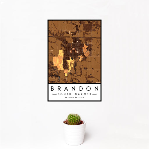 12x18 Brandon South Dakota Map Print Portrait Orientation in Ember Style With Small Cactus Plant in White Planter