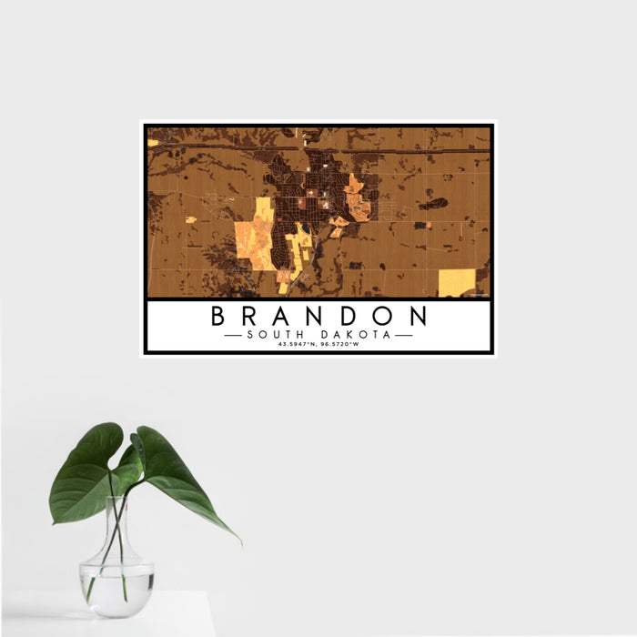 16x24 Brandon South Dakota Map Print Landscape Orientation in Ember Style With Tropical Plant Leaves in Water