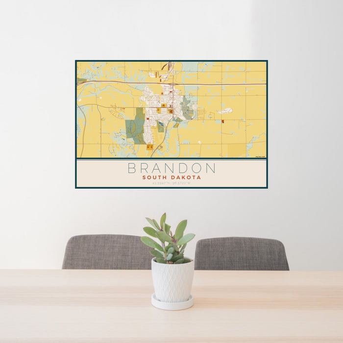 24x36 Brandon South Dakota Map Print Lanscape Orientation in Woodblock Style Behind 2 Chairs Table and Potted Plant