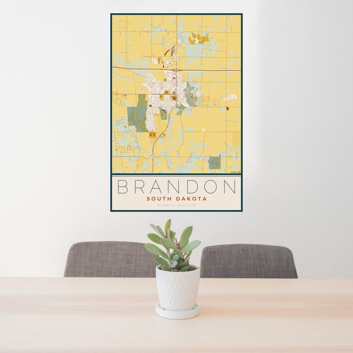 24x36 Brandon South Dakota Map Print Portrait Orientation in Woodblock Style Behind 2 Chairs Table and Potted Plant
