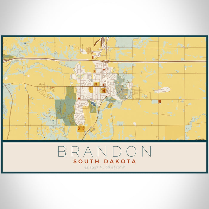 Brandon South Dakota Map Print Landscape Orientation in Woodblock Style With Shaded Background